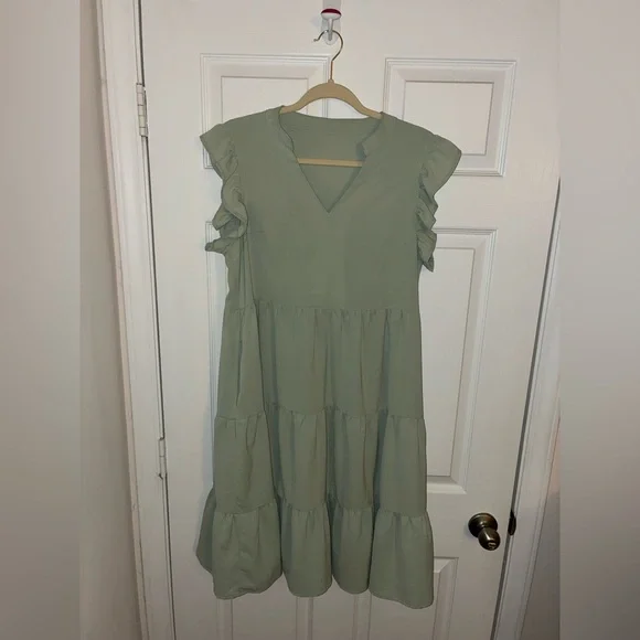 Spring Ruffle Layered V Neck Midi Dress Light Green - Picture 4 of 6
